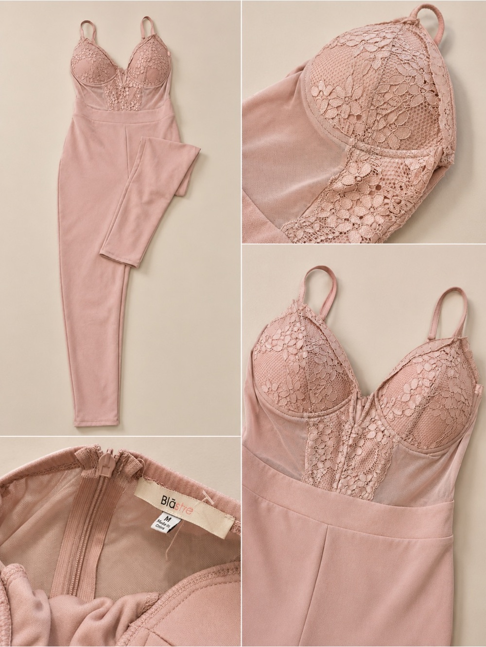 Blashe Women’s Pink Lace Corset Jumpsuit Bodycon Medium